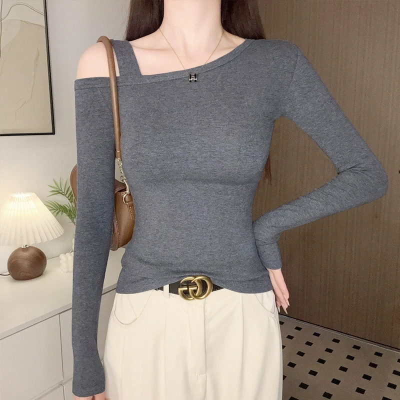 灰色斜肩长袖打底衫女早春秋新款洋气修身显瘦百搭设计感T恤上衣