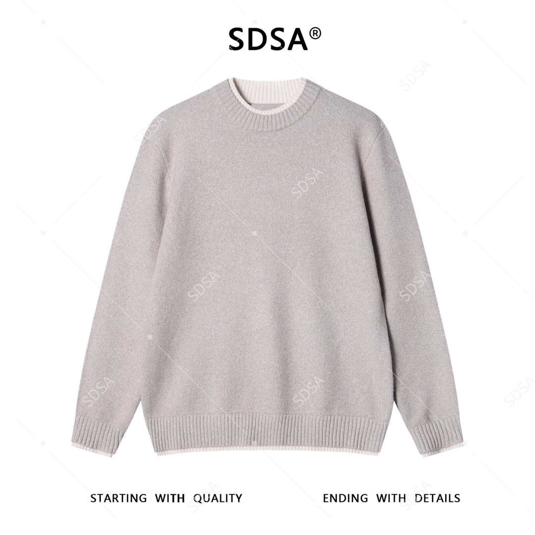 SDSA秋冬新款痞帅男装韩版简约撞色假两件圆领针织衫慵懒风毛衣