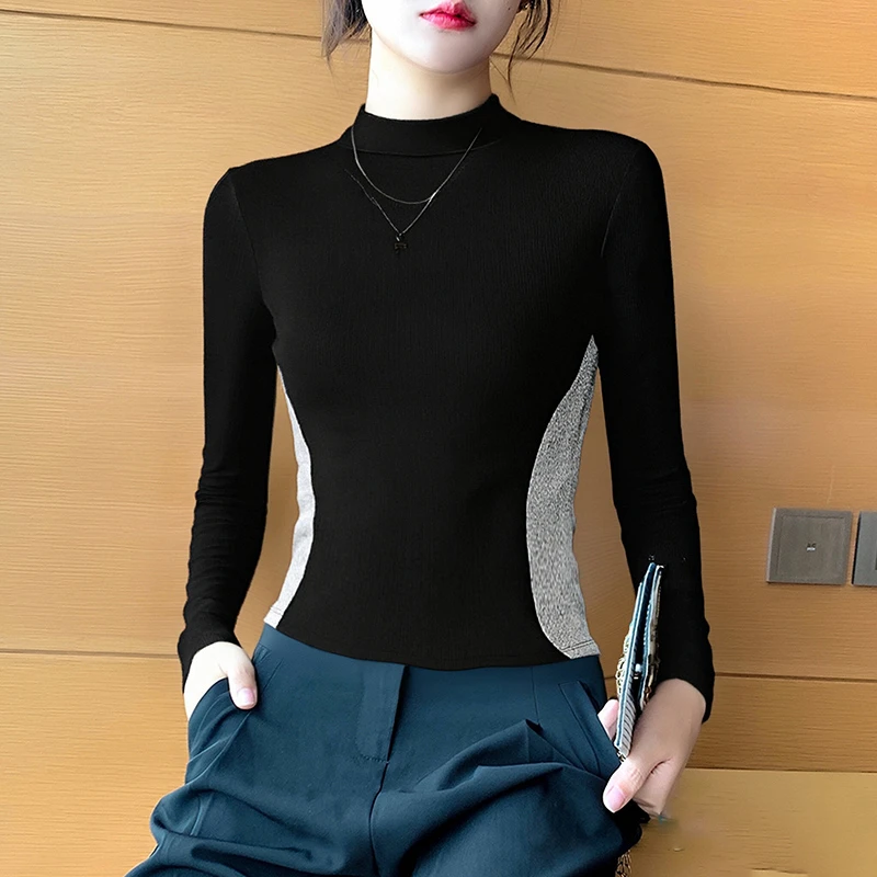 半高领螺纹长袖打底衫女内搭秋冬新款高级感撞色设计小众显瘦上衣