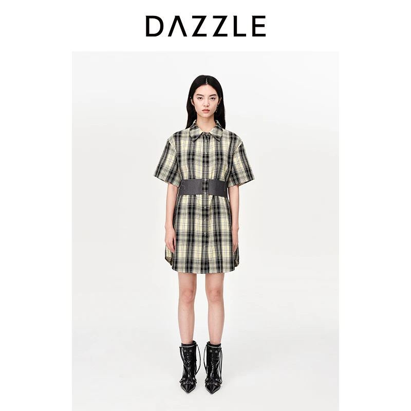 DAZZLE地素奥莱复古通勤腰封设计格纹衬衫短袖连衣裙2H2O419