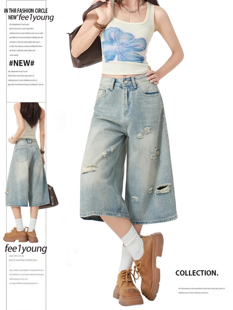 大码美式水洗破洞七分牛仔裤女夏季新款复古宽松显瘦百搭直筒裤子