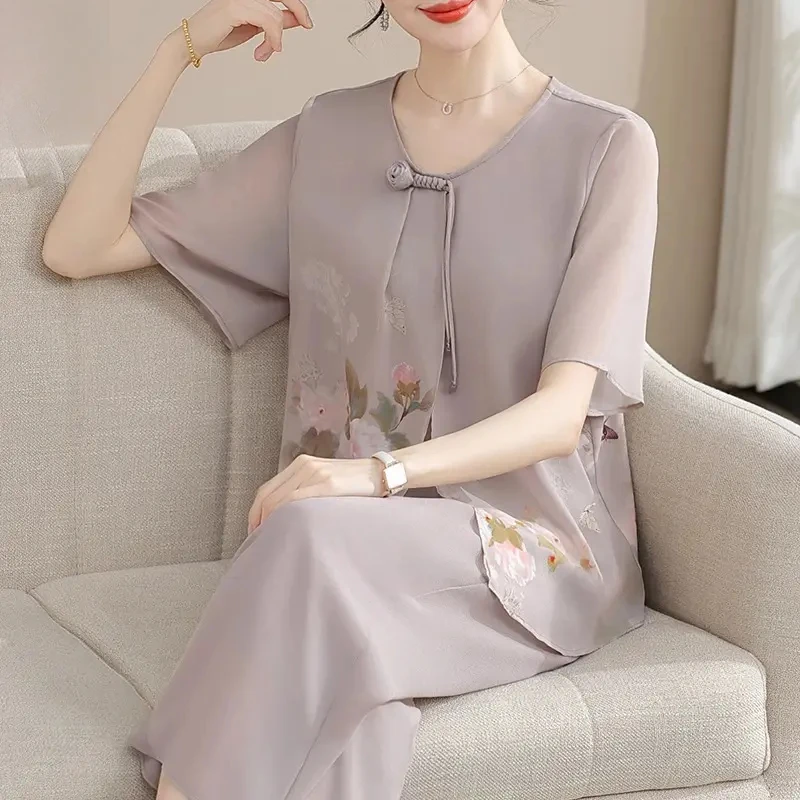 母亲节妈妈夏装新中式雪纺套装气质薄款中老年女夏季短袖T恤上衣