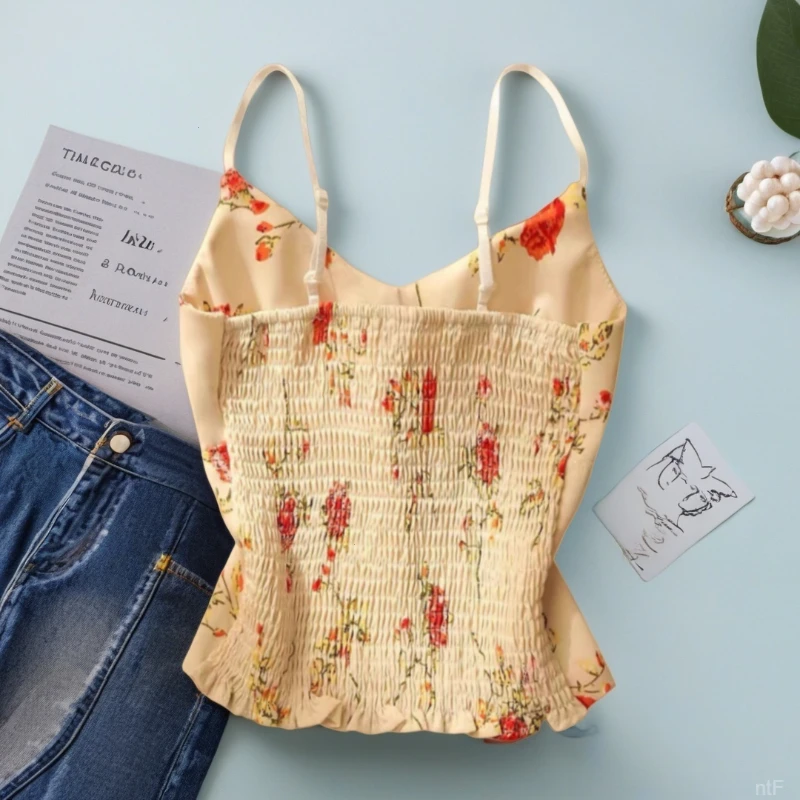 带胸垫吊带背心显瘦外穿打底内搭无袖美背碎花上衣文胸一体女时尚