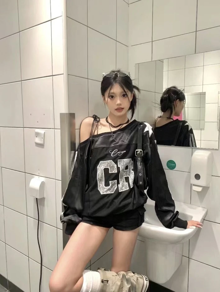 纯秋季新款美式复古宽松斜肩上衣重工刺绣长袖球衣辣妹卫衣