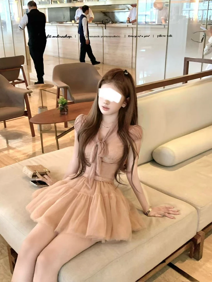 【夜星索菲】香槟裸粉蕾丝系带上衣蓬蓬纱裙短裙套装夏季公主风纯欲