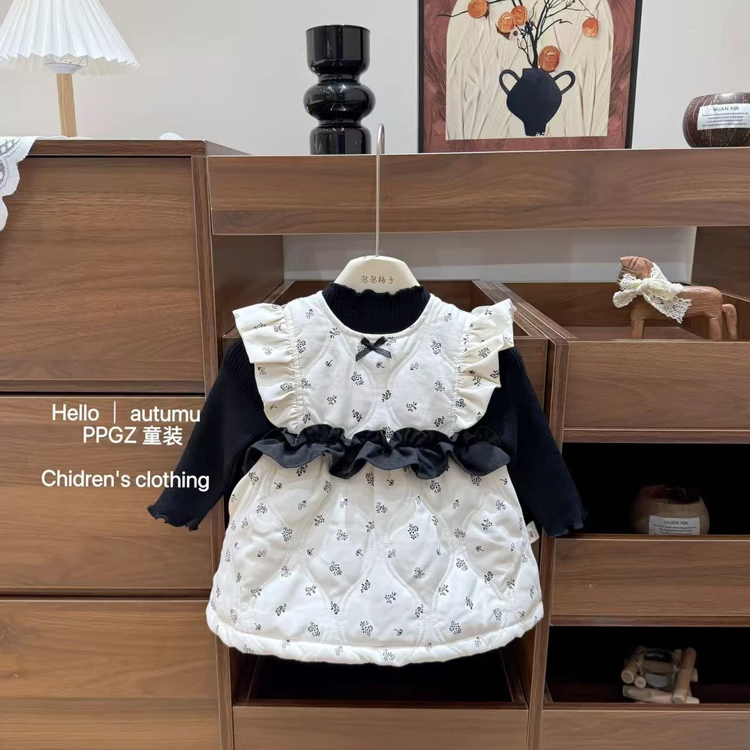 【泡泡格子】女宝宝初深秋冬套装小香风拼接裙夹棉毛衣打底衫两件套