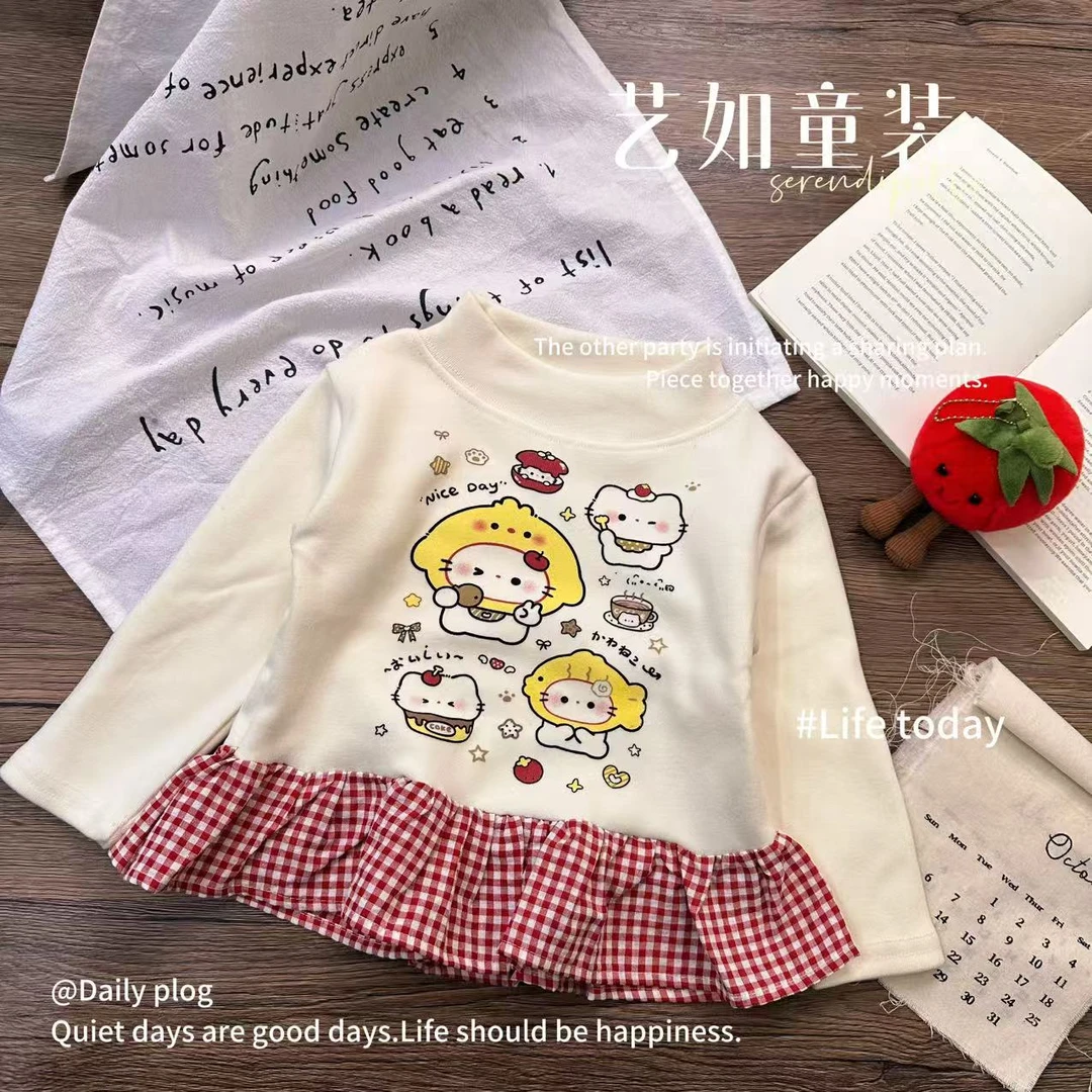 【奶油甜甜】202冬秋季上新女童卡通格子拼接半高领加绒上衣D-H512
