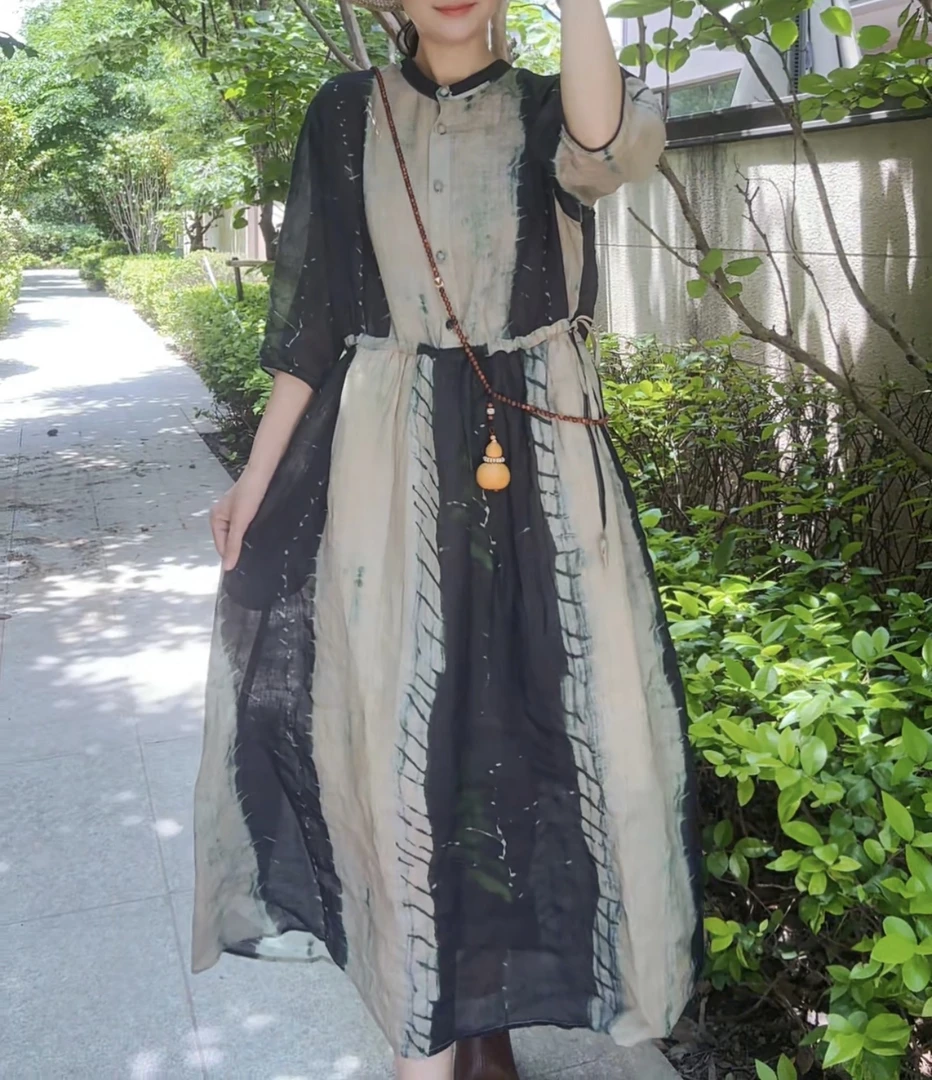 思柏-100%植物炒色苎麻连衣裙50762