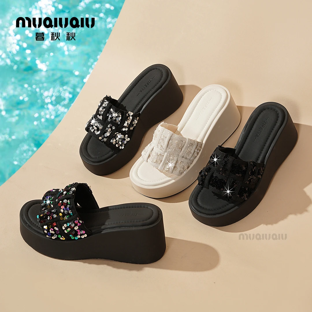 暮秋秋厚底松糕仙女风沙滩凉拖鞋夏季外穿时尚2025新款坡跟一字拖