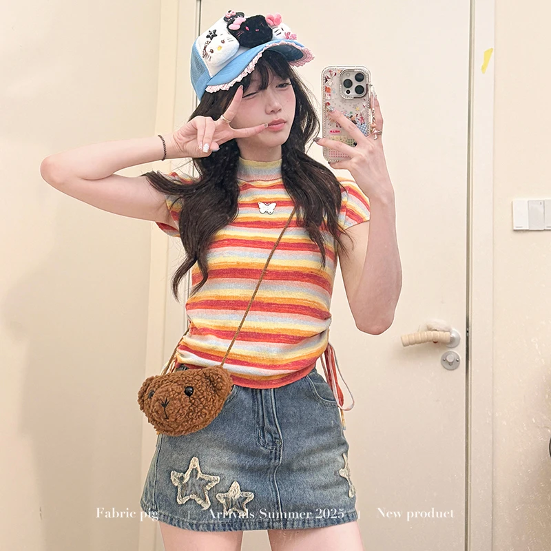 小野春茶 织物猪原创 多巴胺彩虹条纹T恤上衣女夏修身牛仔短裙