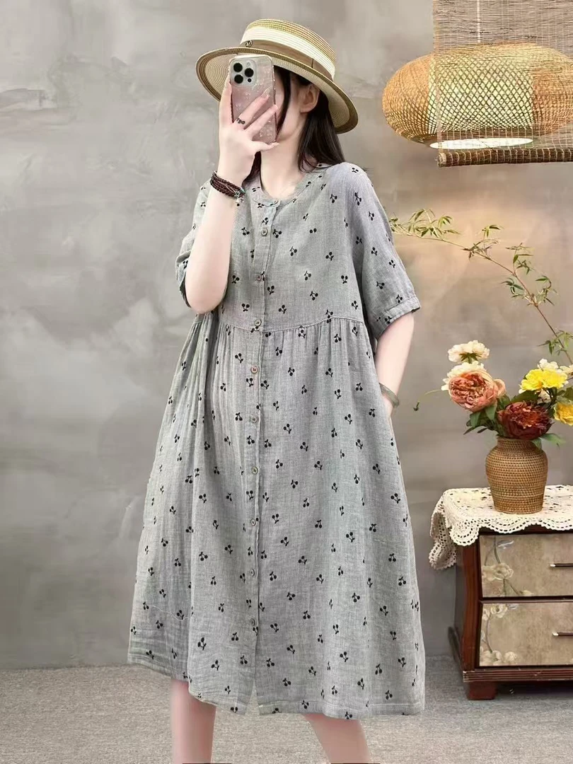 夏季 日系亲肤透气软糯碎花双层纱短袖连衣裙 百搭宽松全开襟长裙