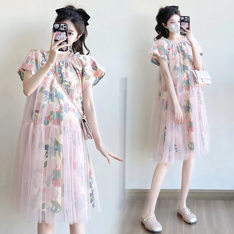 孕妇装2025夏季新款法式复古气质显瘦连衣裙女中长款网纱碎花裙子
