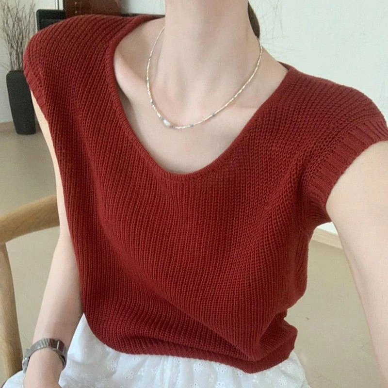 时尚气质设计感夏季2025新款冰丝针织衫短袖宽松百搭上衣无袖T恤