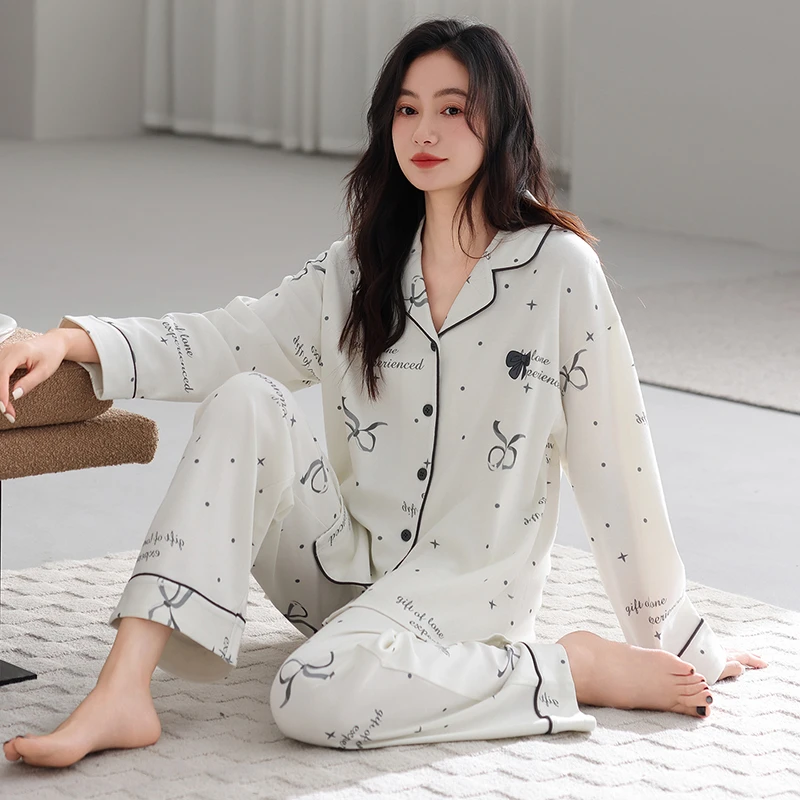 睡衣女款春秋季秋款长袖纯棉家居服宽松开衫大码时尚套装