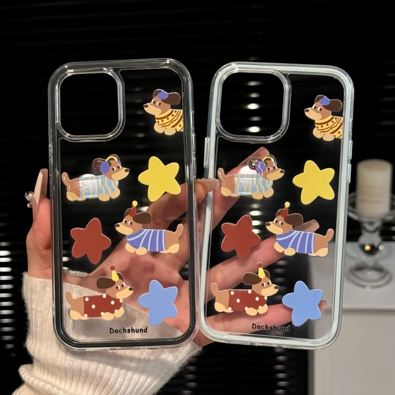 适用苹果16promax手机壳iPhone15三合一炫彩可爱女撞色星星腊肠狗