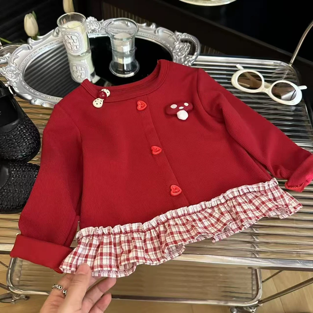 女童卫衣2025秋季新款女宝宝甜美打底衫女孩红色蘑菇拼接裙摆上衣
