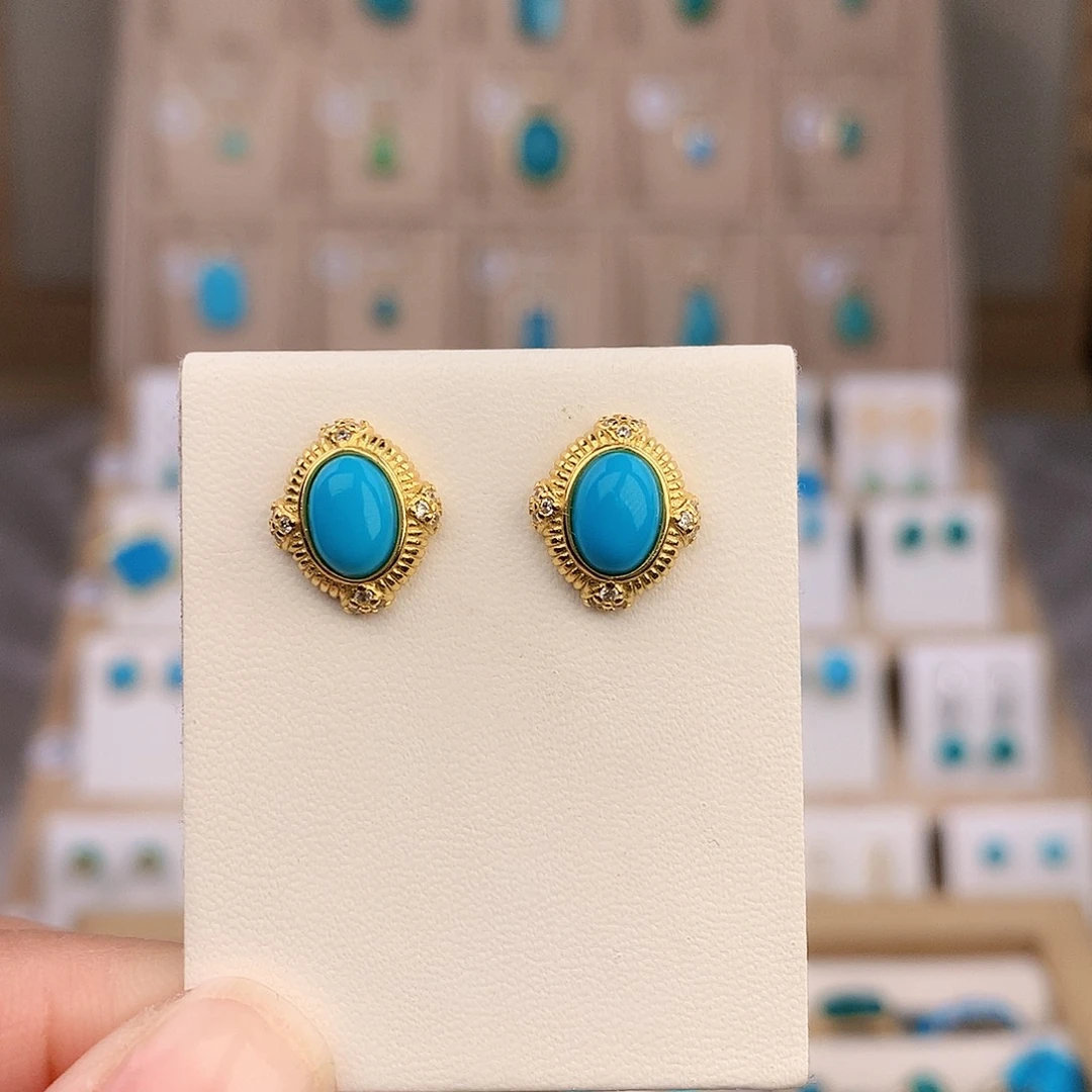 绿松石银S925镶嵌颈饰耳钉