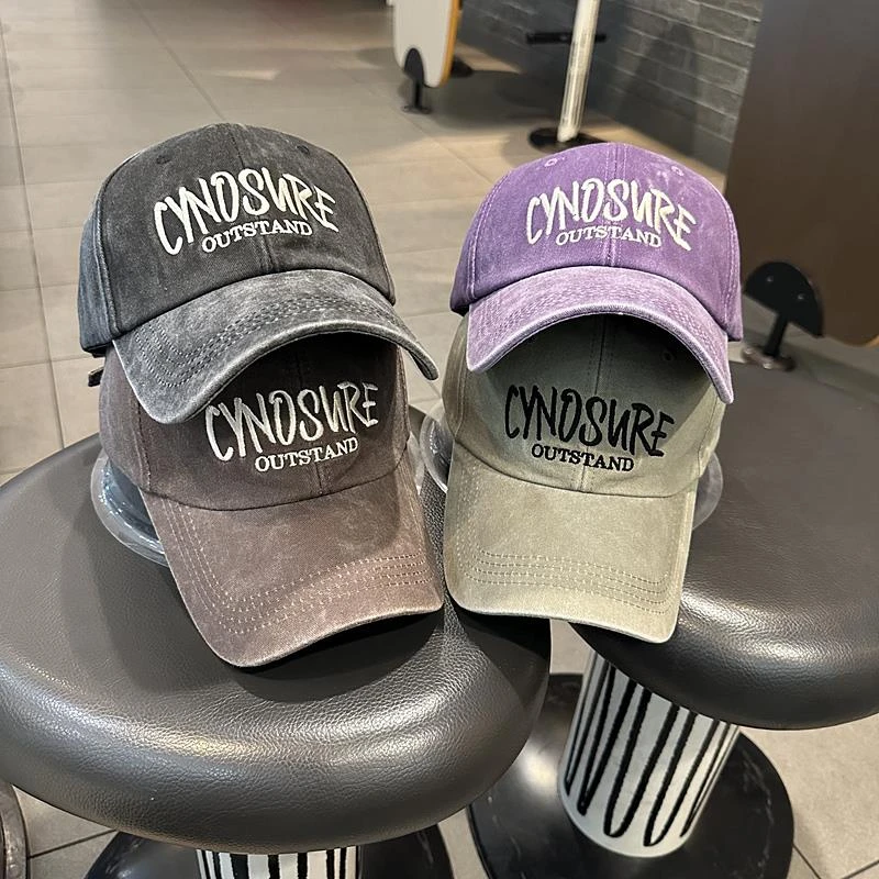 韩版棒球帽女青年街头出游百搭大字母刺绣弯檐帽水洗做旧紫色潮搭