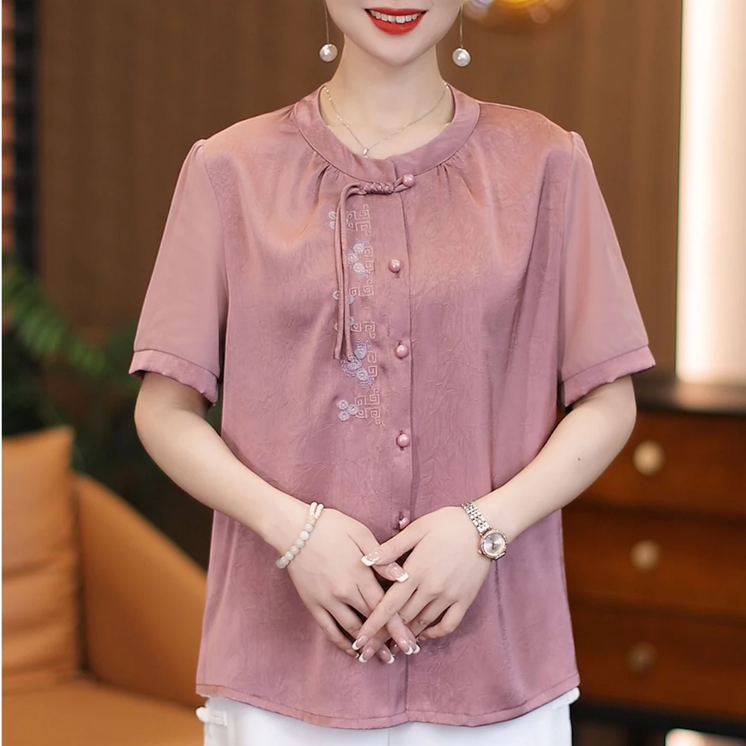 【断码清】妈妈夏装衬衣短袖小衫中老年女新中式立体洋气刺绣新款