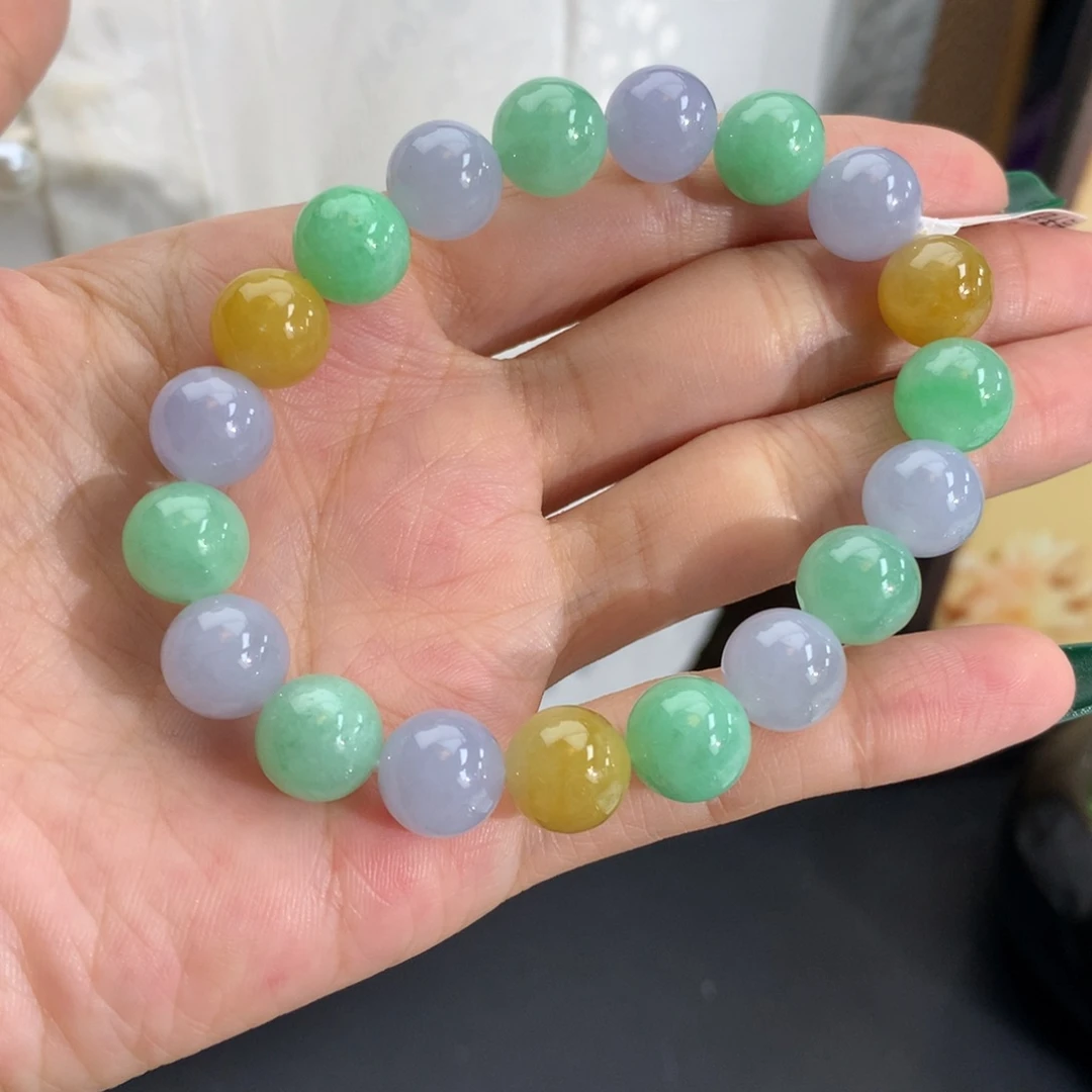 翡翠未镶嵌手串卡10细润紫绿黄手串