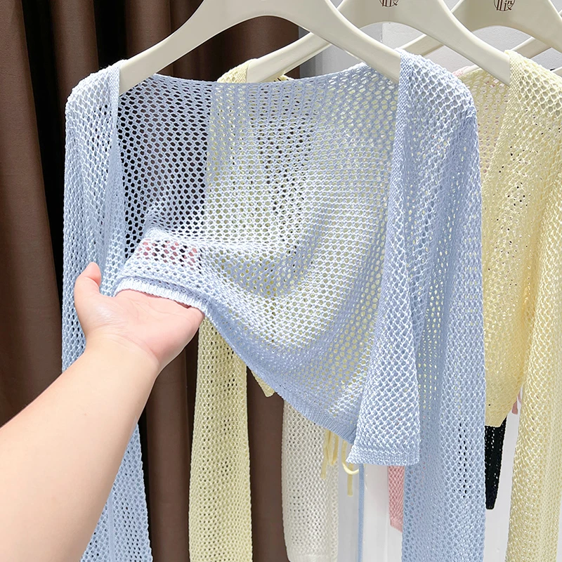 蓝色大V领系带短外套开衫夏季吊带裙外搭镂空针织披肩薄款空调衫
