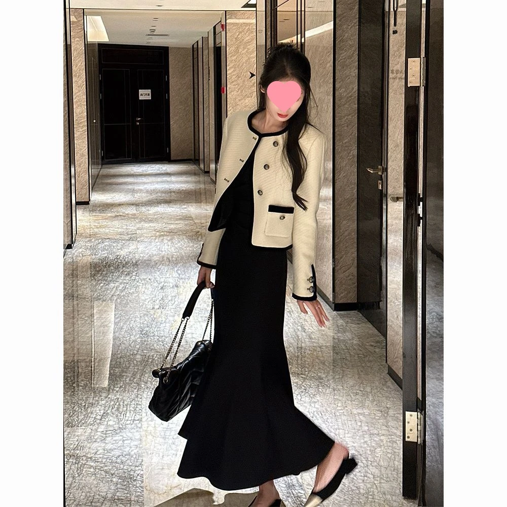 法式时尚套装裙女秋季新款气质名媛小香风长袖外套+连衣