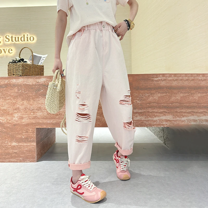 大码裤子破洞牛仔裤240斤胖mm大腿粗屁股大显瘦裤子哈伦裤春夏季