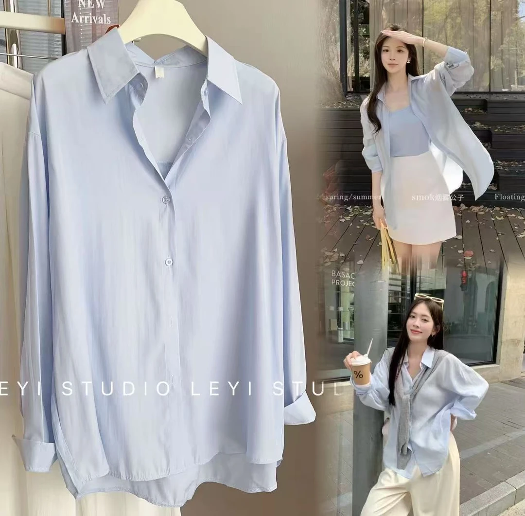 衣衣新款韩版宽松休闲中长薄款衬衣外穿垂感纯色衬衫长袖防晒衬衫