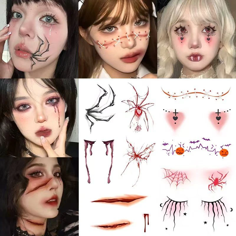 爆款万圣节脸贴高颜值甜酷蜘蛛南瓜疤痕妆容纹身贴防水防汗拍照