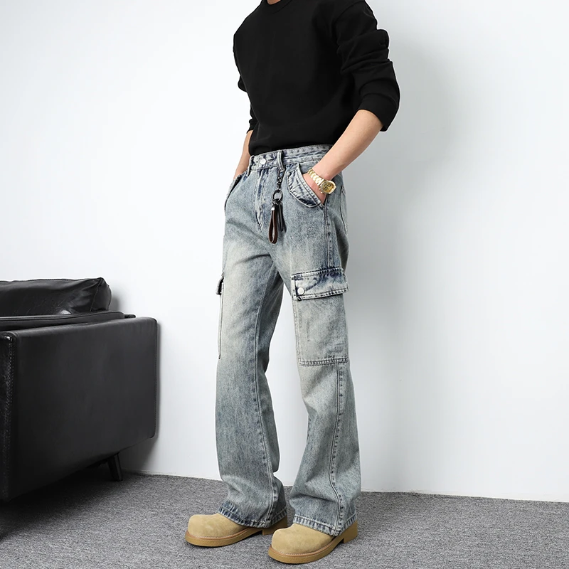 SYBBZ原创男款宽松微喇牛仔裤美式街头口袋拼接工装牛仔长裤男士