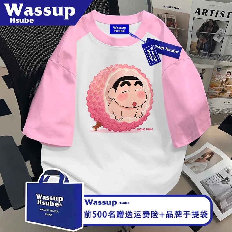 WASSUP HSUBE夏季纯棉短袖ins插肩荔枝小新印花透气T恤男女款上衣