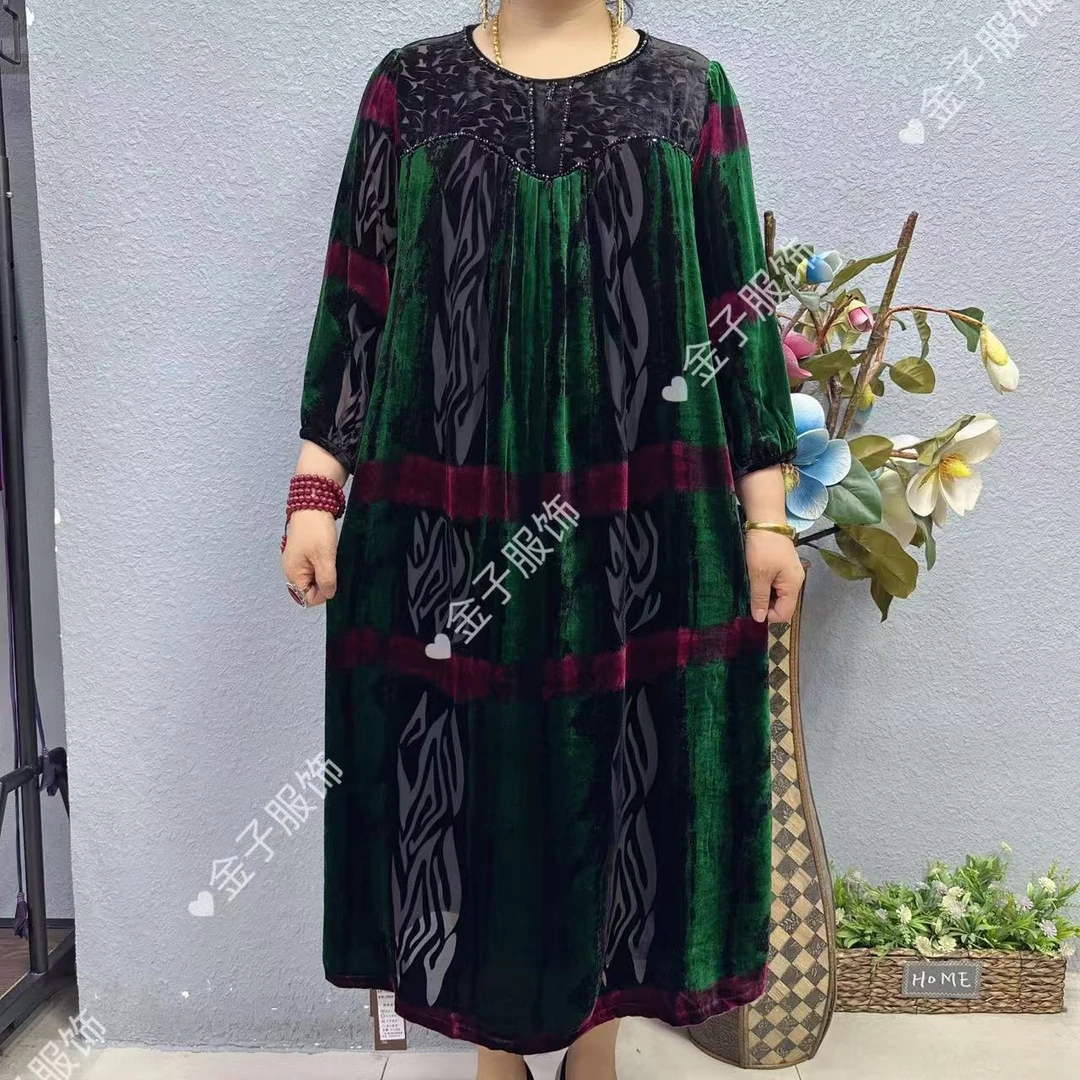 P7-2012桑蚕丝遮肚子连衣裙上档次过膝长裙妈妈装