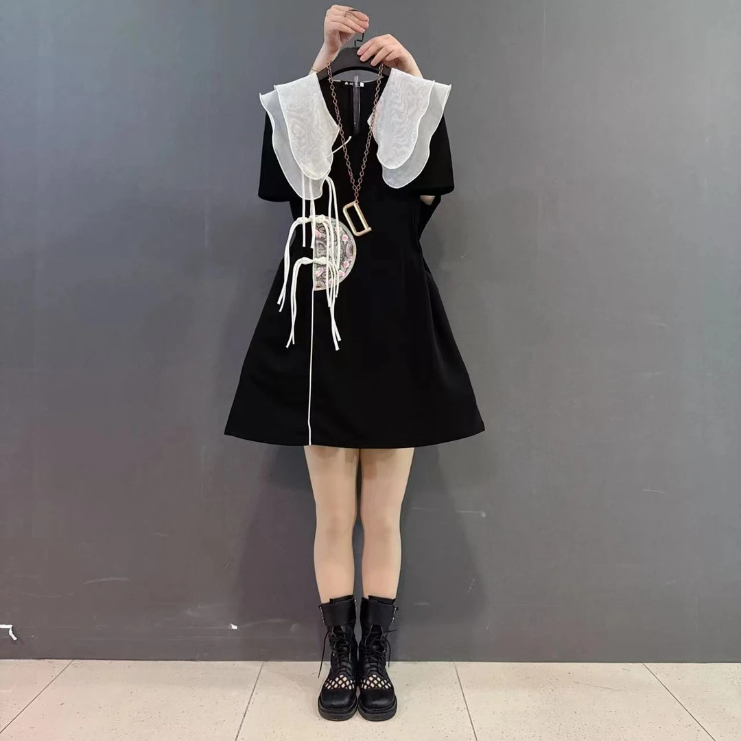 胖ＭＭ大码复古国风盘扣淑女娃娃领显瘦连衣裙