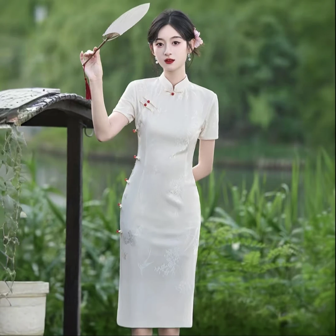 云【玉洁】夏款新款裙子白色时尚年轻修身显瘦中长款旗袍（长110