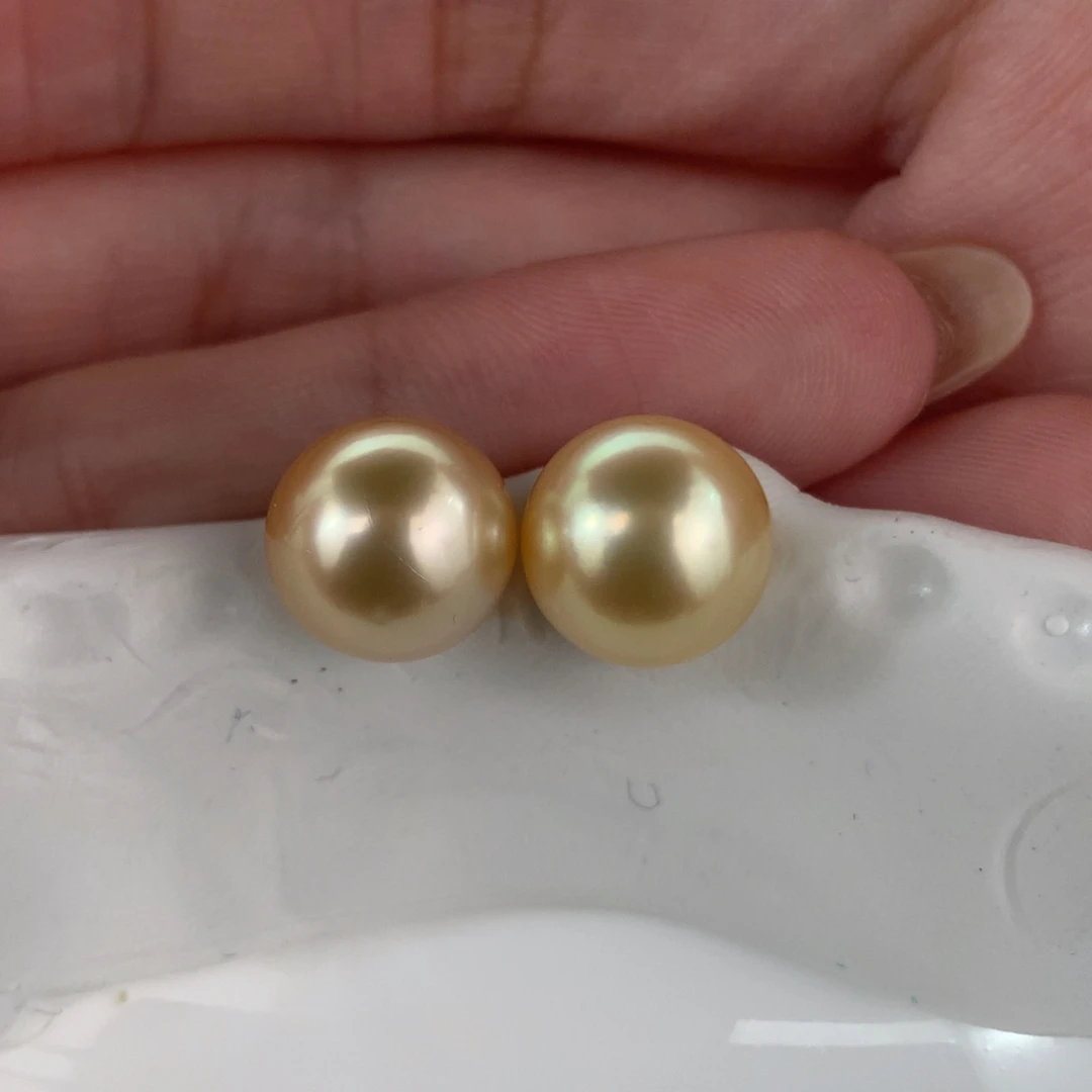 定制海水珍珠未镶嵌裸珠炫彩金珠9-10mm两颗