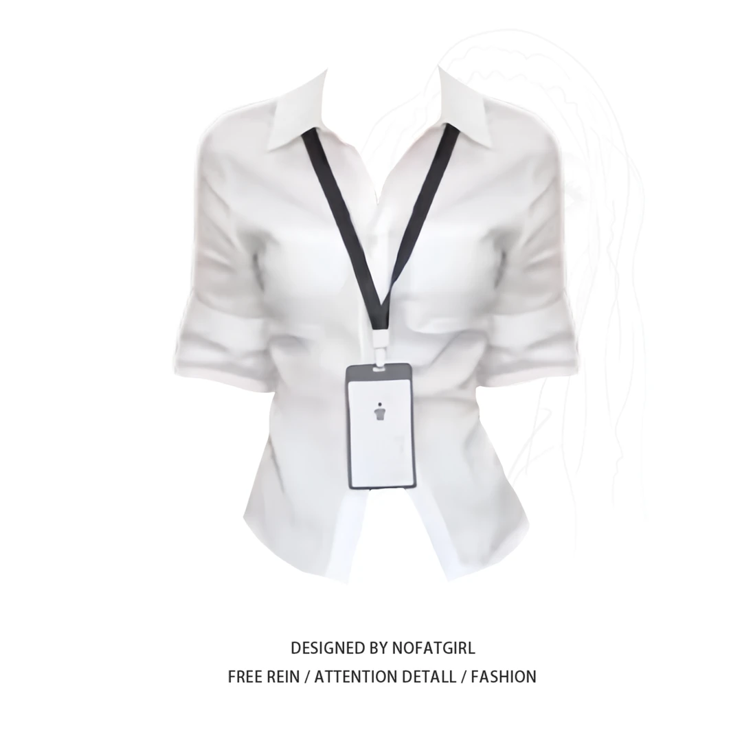 大码胖MM白色polo领中袖衬衫女夏季新款收腰显瘦休闲百搭气质上衣