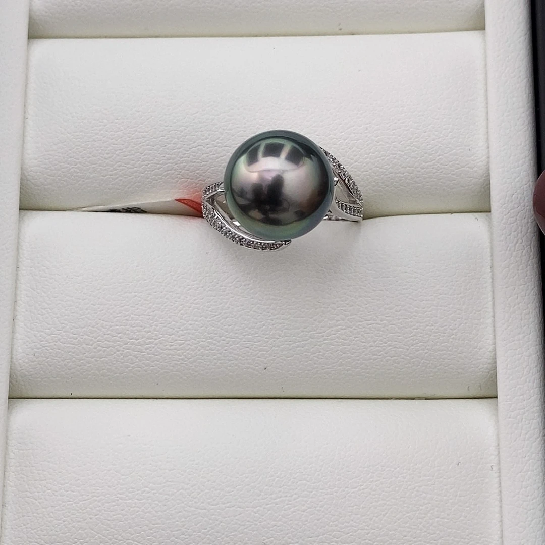 银S925镶嵌海水珍珠戒圈极光孔雀绿戒指12.1mm