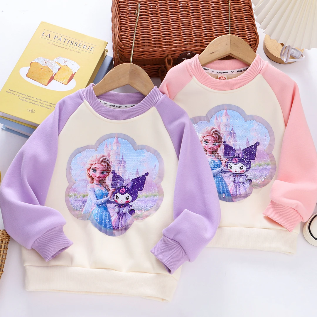 女童棉质弹力变色亮片加绒卫衣秋冬新款儿童装宝宝小女孩卡通上衣