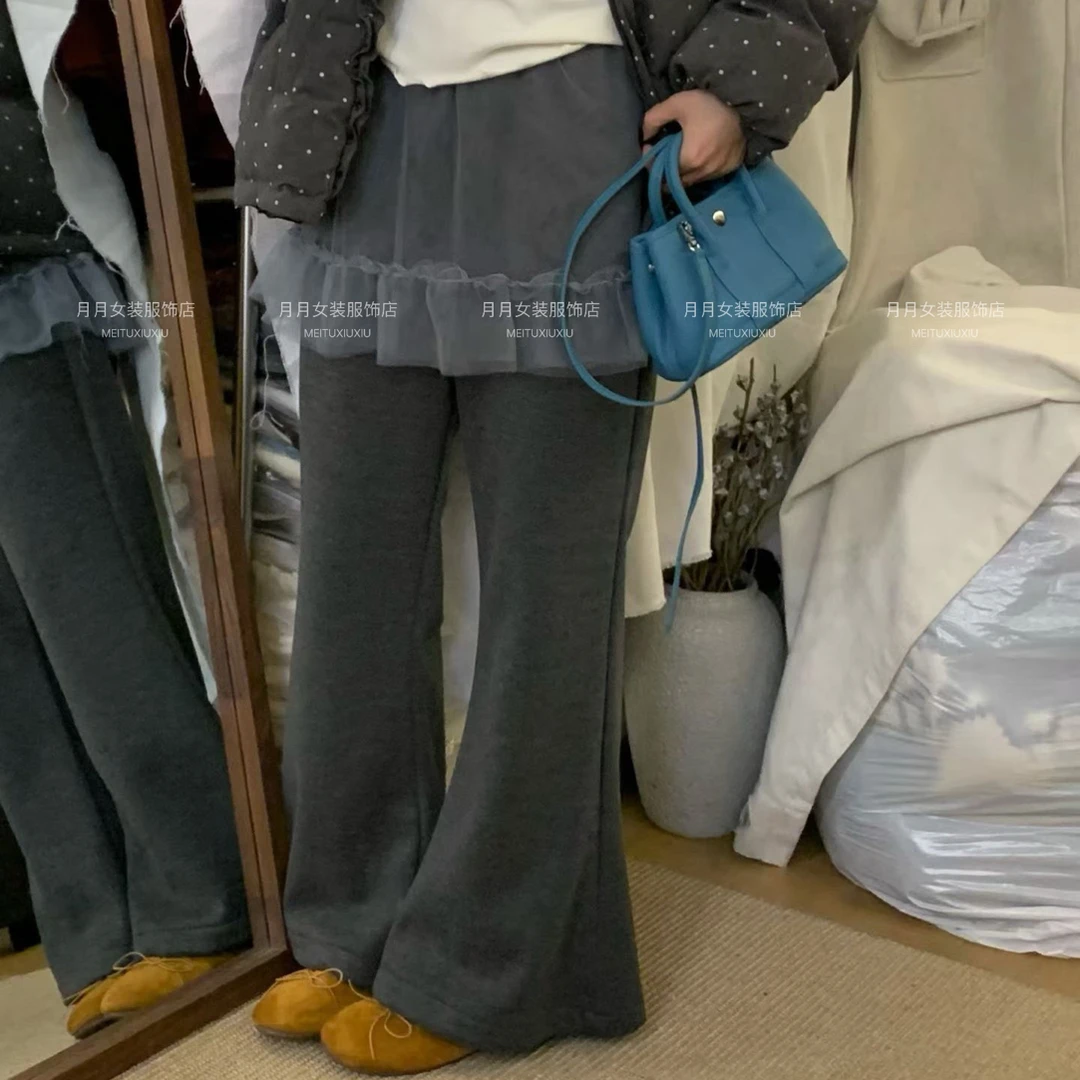 蕾丝屁帘假两件休闲裤女冬季韩系高腰加厚加绒长裤