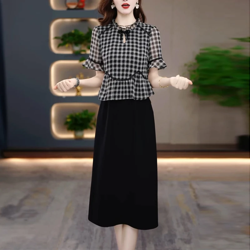 高档时尚格子假两件连衣裙女2025年夏新款洋气减龄妈妈中长款裙子