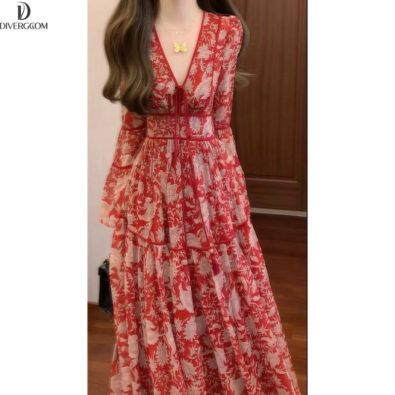 DIIIVERGOM高级感领红色碎花复古长袖连衣裙海边度假温柔风气质收