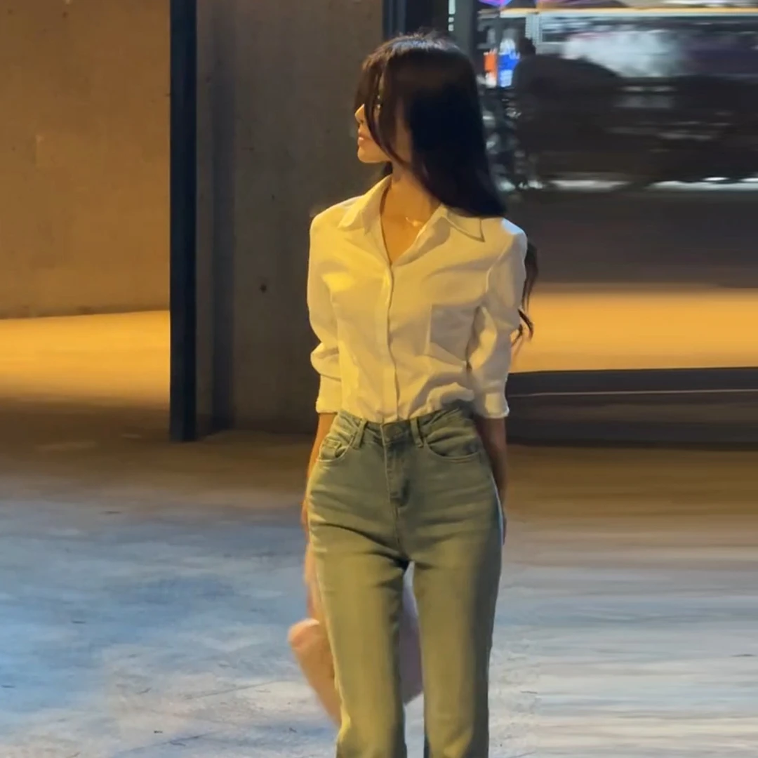 2025新款白色长袖衬衫女夏季设计感小众收腰衬衣正装职业通勤上衣