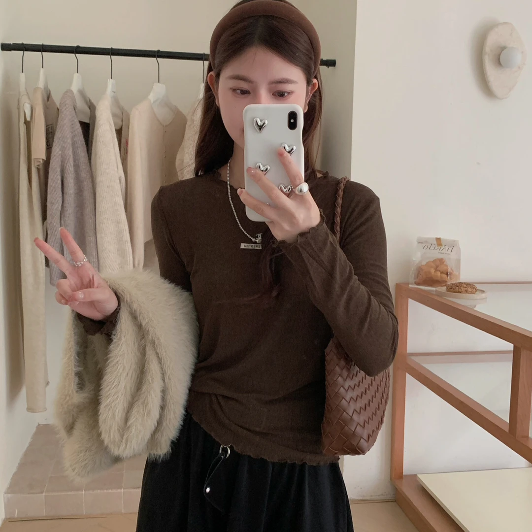 ING5新款设计感花边女秋季新款修身显瘦百搭叠穿上衣打底衫16305