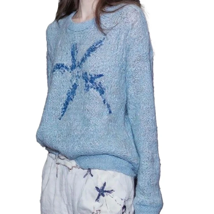 巨好看设计感上衣女款2025新款爆款早秋韩里韩气减龄印花蓝色毛衣