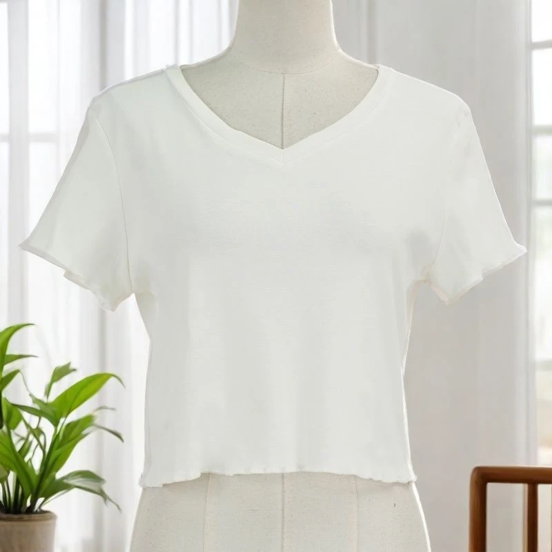 T恤短袖拼接v领时尚设计感女款修身显瘦 29096