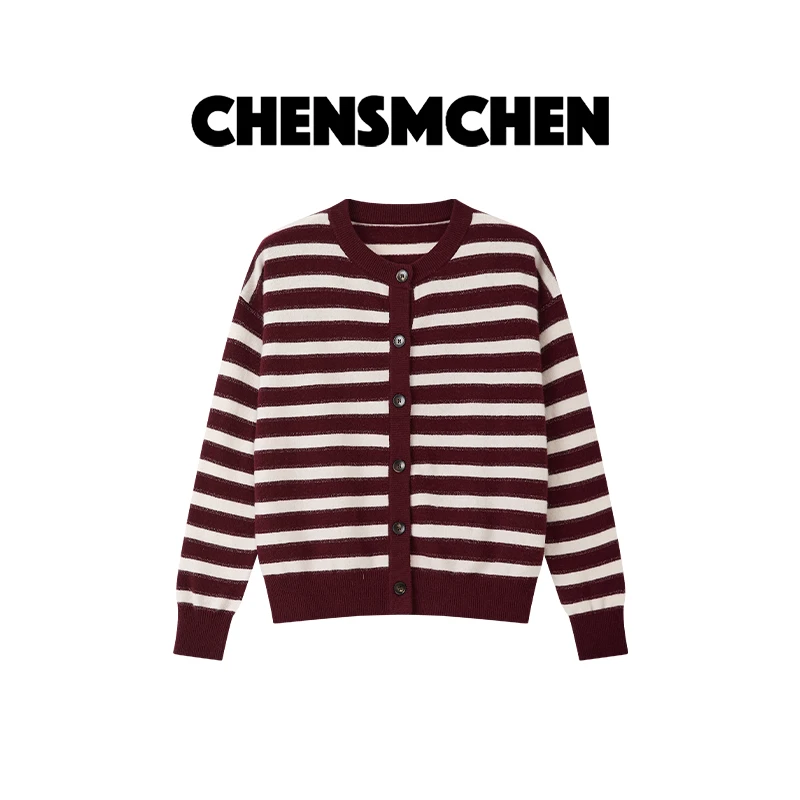 CHENSMCHEN 绵羊毛时尚条纹针织衫休闲百搭显瘦开衫上衣CSZ8370WL