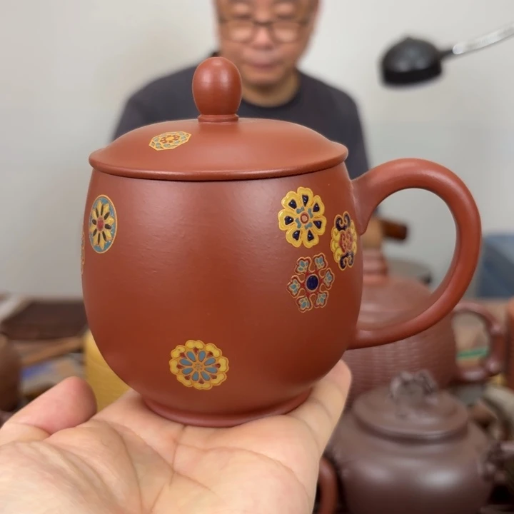 紫砂茶杯朱泥皮球花