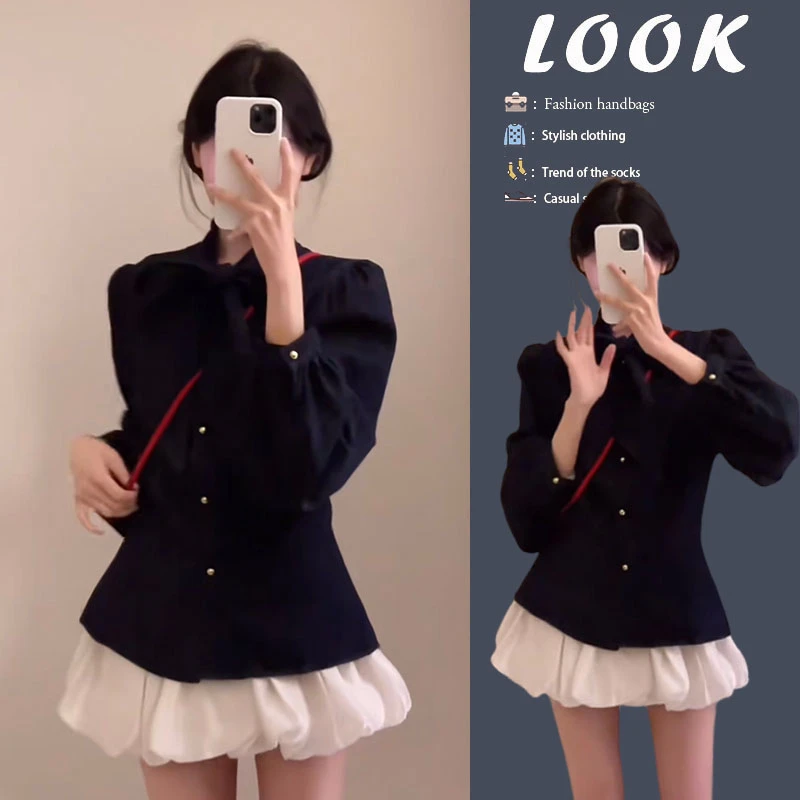 【现货】秋季时尚穿搭女2025新款设计感长袖衬衫显瘦花苞短裙两件套