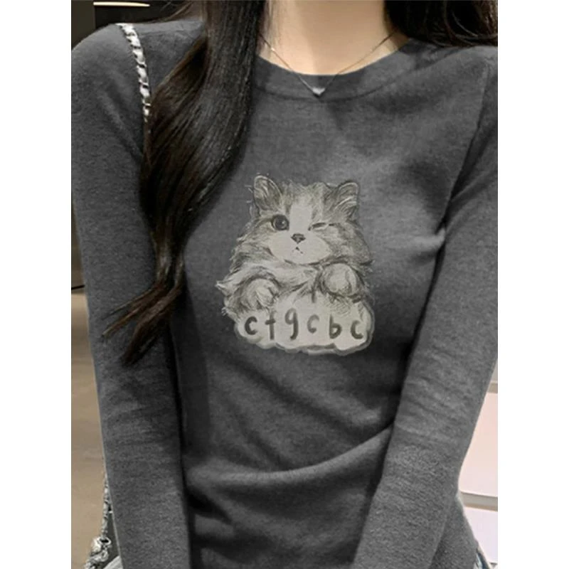 【万达撤柜】杏色圆领长袖T恤女装秋季2025新款小个子印花打底衫修