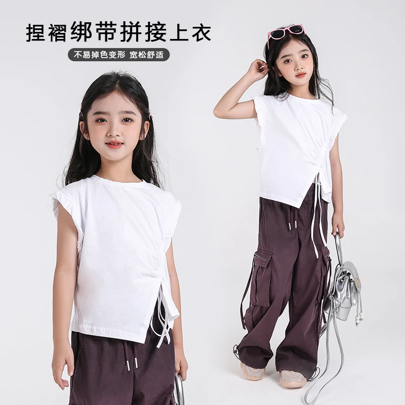 60002女童白色T恤春装法式设计感抽褶短袖2025夏季女孩洋气衣服t